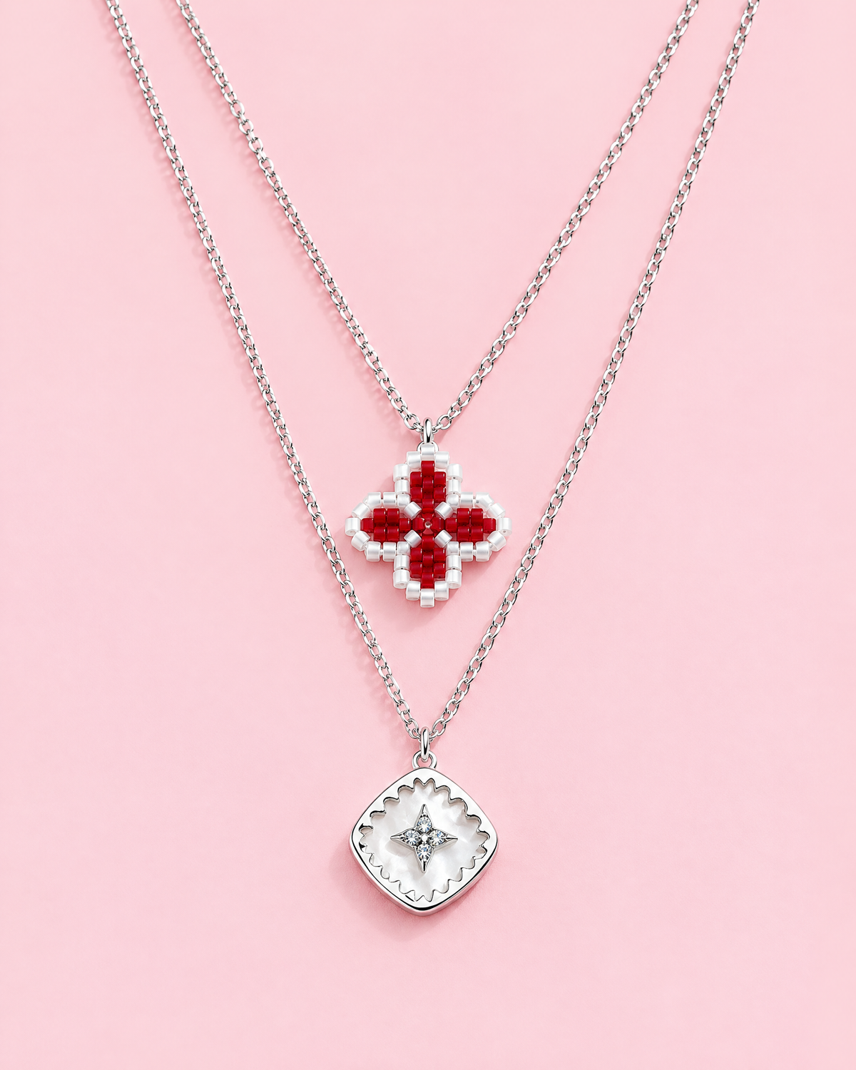 Crimson Clover Layered Pendant on pink background