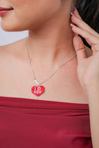 Silver box chain necklace with red beaded I love you heart pendant and crystal Love script charm