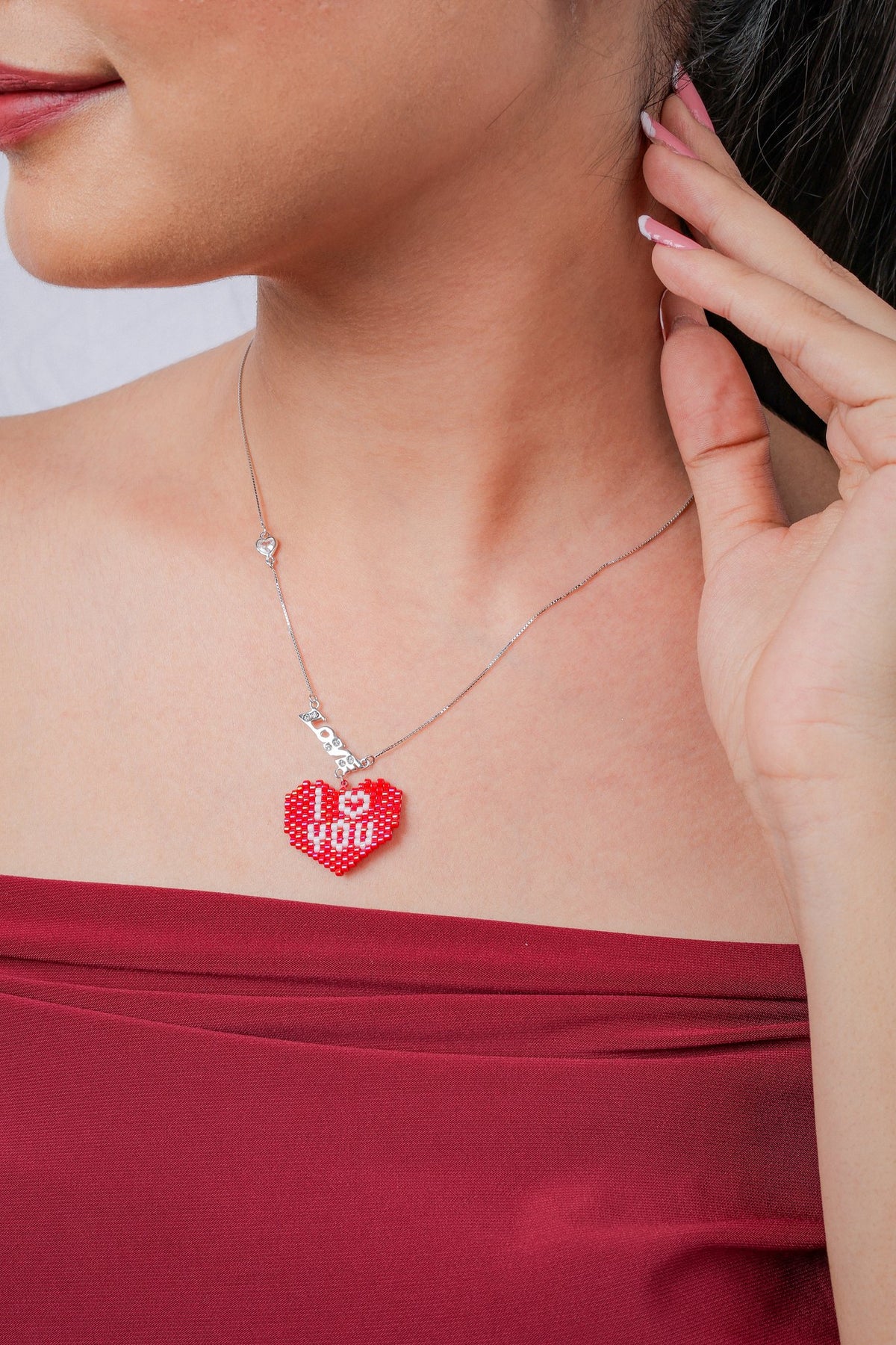 Silver box chain necklace with red beaded I love you heart pendant and crystal Love script charm