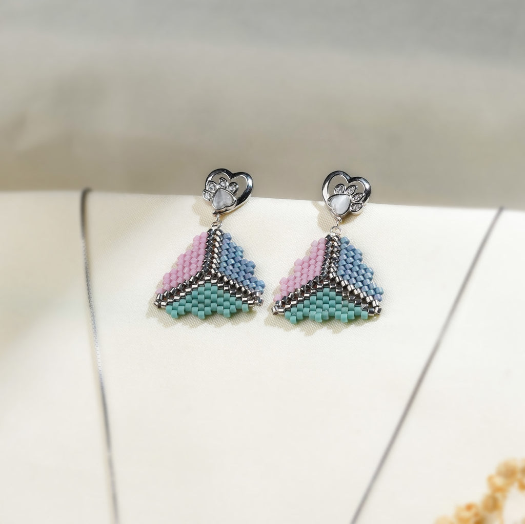 Pair of heart paw-print stud earrings with pastel beaded triangle drops