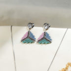 Pair of heart paw-print stud earrings with pastel beaded triangle drops